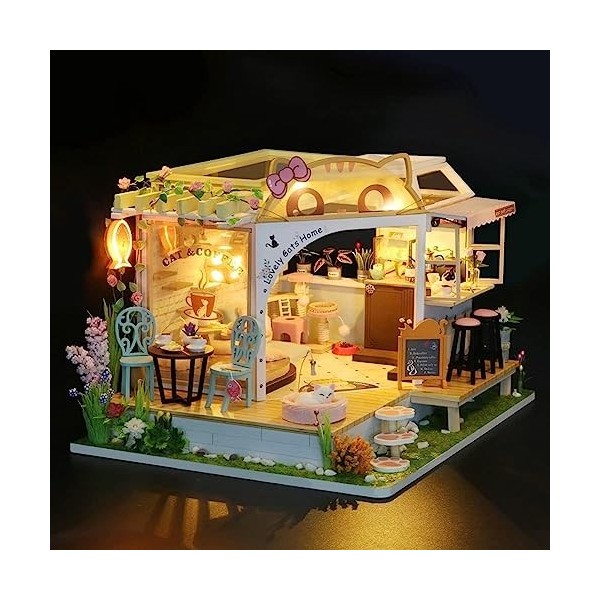 hvmabeck DIY Chat Café Jardin Dollhouse Miniature Kit avec Meubles Échelle 1:24 Chambre Créative pour Cadeau DIY Maison de Po