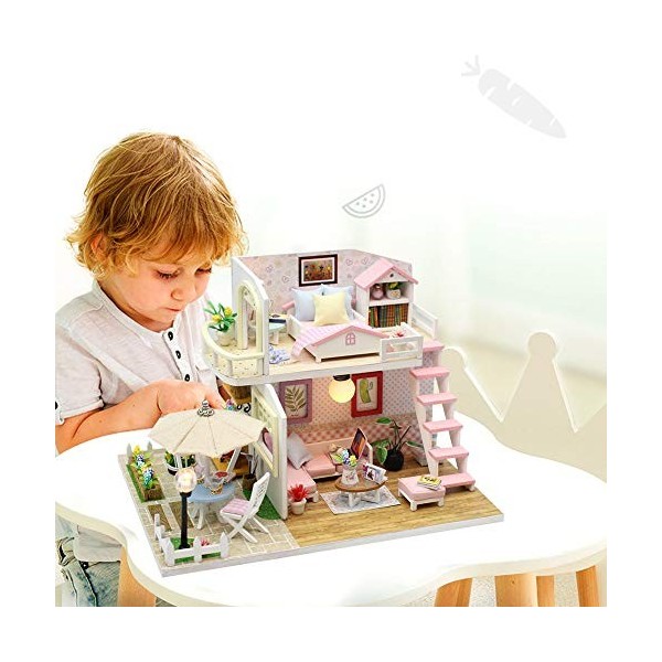 Maison de Poupée Bricolage, Kit de Maison de Poupée Miniature, Miniature de Maison de Poupée avec Lumière LED, Cadeaux Créati