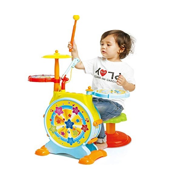 Prextex Set Kids Toy électrique à Tambour pour Enfants Lampes de Travail Microphone et réglables Baguettes Pédale Bass Drum a