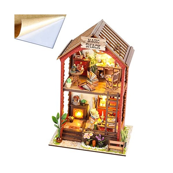 ELPHNUTSEY Kit de maison de poupée miniature et de meubles, mini maison de poupée 3D en bois avec LED, idée créative de pièce