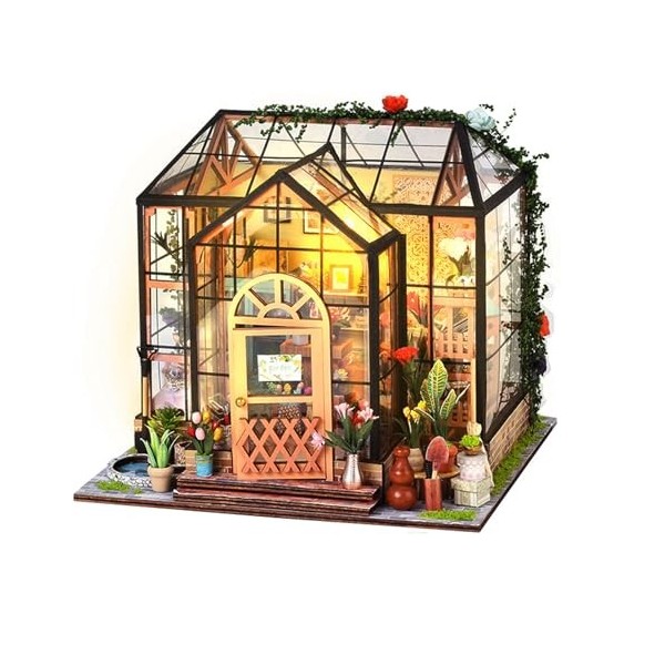 Maison Miniature Maison de Poupée Serre, DIY Miniature avec des Meubles de Maison de Poupée, Bricolage Mini Maison en Bois Se