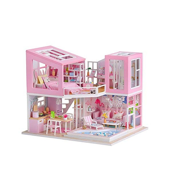 Modèle de maison duplex miniature loft villa maison de poupée bricolage maison de poupée kit maison avec lumières LED décorat