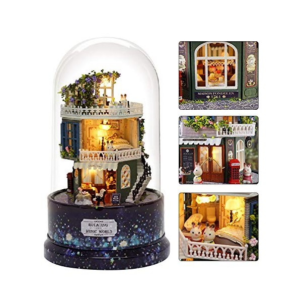 Miniature de Maison de poupée en Bois, kit de Maison de poupée Miniature Maison de Boule de Verre de Musique de Surface Lisse