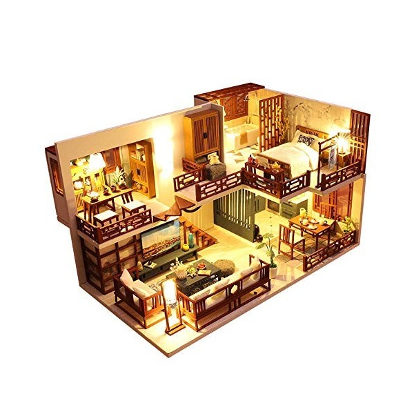 erhumama Maison de poupée 3D DIY chinoise en bois miniature maison loft modèle fait à la main meubles kit déclairage LED puz