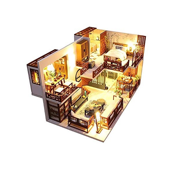 erhumama Maison de poupée 3D DIY chinoise en bois miniature maison loft modèle fait à la main meubles kit déclairage LED puz