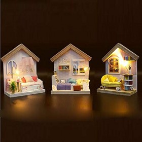 WonDerfulC 3PCS Puzzle Assemblé Kit De Maison De Poupée Mangue Myrtille Fraise Poudre Bleu Jaune Combinaison en Bois Miniat