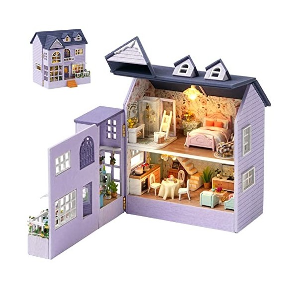 SPILAY Kit de meubles miniatures en bois pour maison de poupée, mini maison de poupée faite à la main avec LED, échelle 1:24,