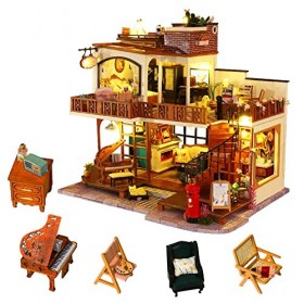 HJBH Kit de maison de poupée miniature à faire soi-même, kit de maison de poupée avec couvercle anti-poussière et boîte à mus