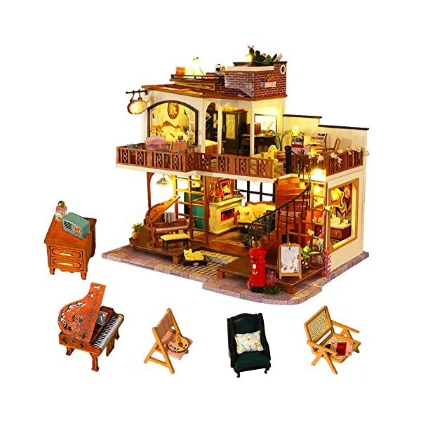 HJBH Kit de maison de poupée miniature à faire soi-même, kit de maison de poupée avec couvercle anti-poussière et boîte à mus