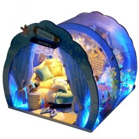 Keenso LED Bricolage Mini Océan Tunnel Maison de Poupée Kit, Miniature avec Meubles, Maison de Poupée en Bois pour Enfants, A