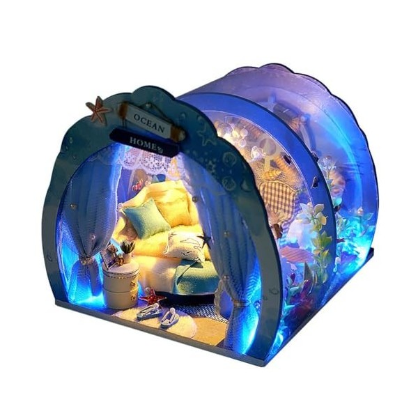 Keenso LED Bricolage Mini Océan Tunnel Maison de Poupée Kit, Miniature avec Meubles, Maison de Poupée en Bois pour Enfants, A