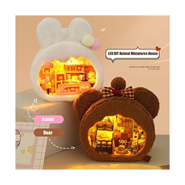 CAPRIZ Maison de poupée miniature à faire soi-même, kit de maison de poupée en bois et peluche avec lumière LED, petite maiso