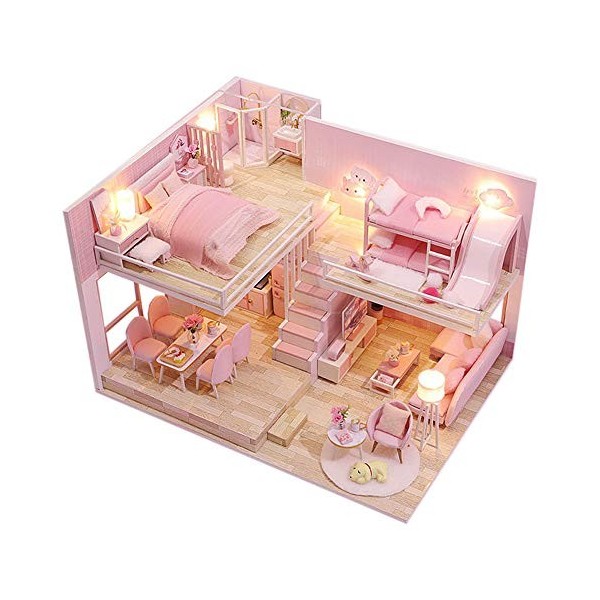 WonDerfulC Maison de poupée en bois rose Kit DIY miniature maison de poupée 3D Puzzle bâtiment modèle maison de poupée jouet 