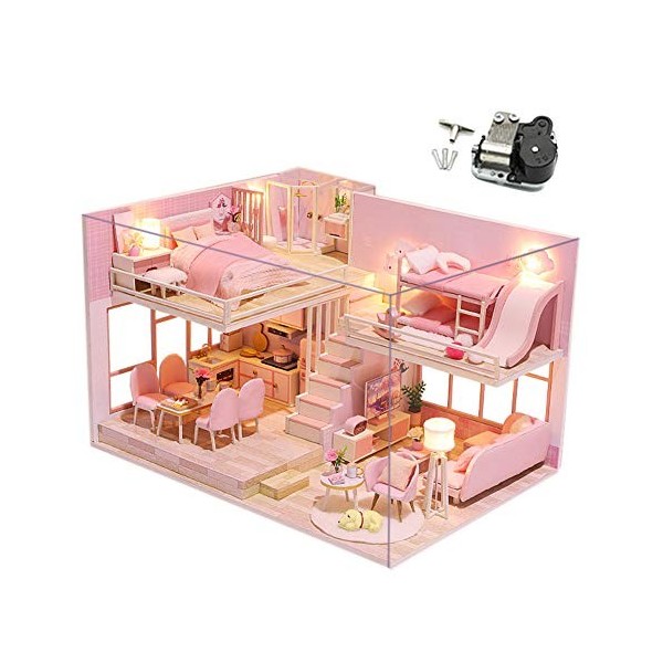 WonDerfulC Maison de poupée en bois rose Kit DIY miniature maison de poupée 3D Puzzle bâtiment modèle maison de poupée jouet 