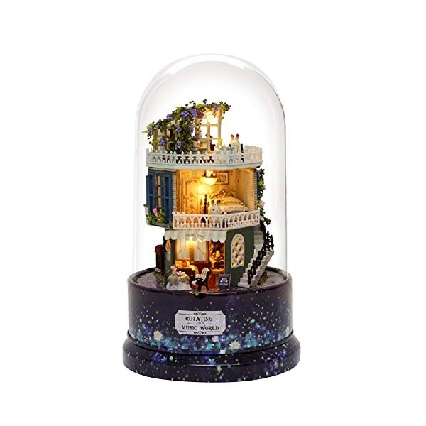 Haokaini Bricolage Maison Modèle Jouet Miniature Assemblage Rotatif Musique Boule de Verre Maison de Poupée Modèle Kits avec 