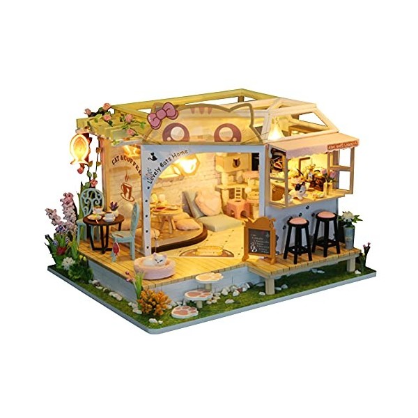 Maison de poupée miniature en bois pour chat - Accessoires de construction avec éclairage LED - Boîte à musique - Cadeau dan