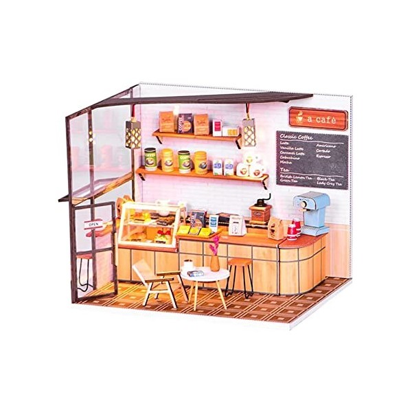 Miniature de Maison de Poupée avec Ornements de Meubles, Poupée de Café en Bois Bricolage, Mini Maison de Café à Léchelle 1: