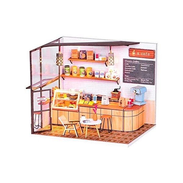 Miniature de Maison de Poupée avec Ornements de Meubles, Poupée de Café en Bois Bricolage, Mini Maison de Café à Léchelle 1: