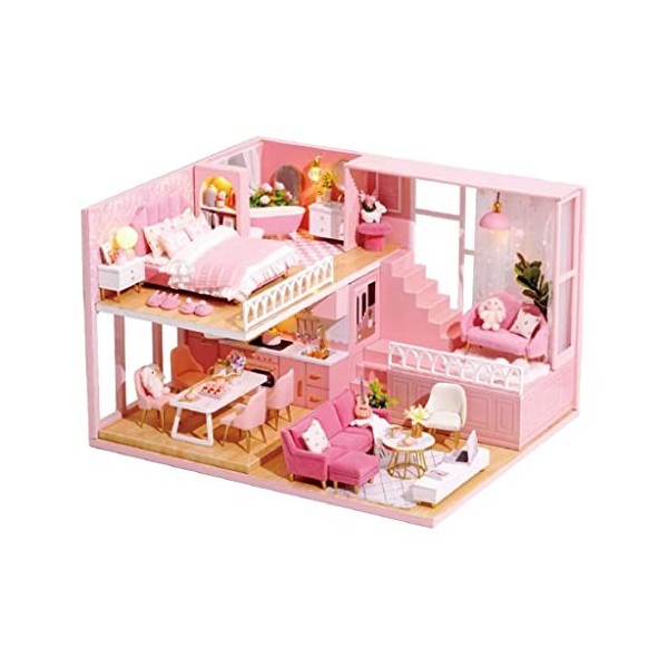 misppro Maison de poupée 1:24 DIY rose 3D Kit exquis en bois miniature chambre vacances