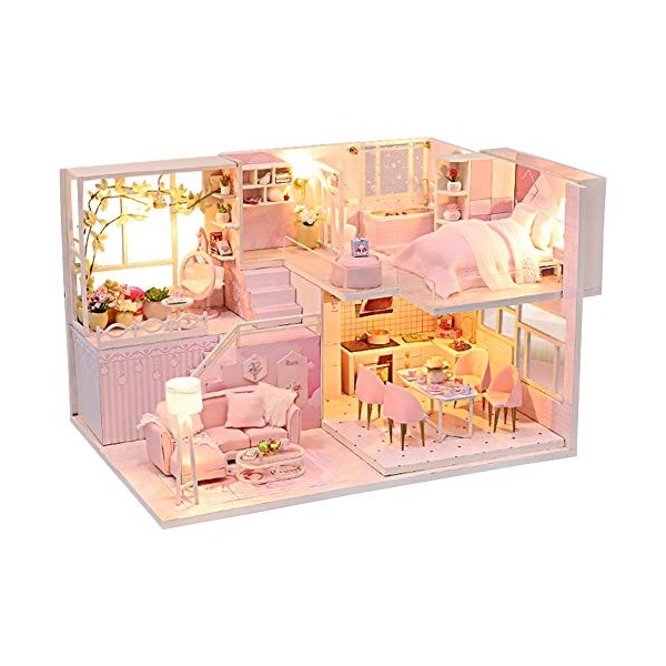 XLZSP Kit maison de poupée avec housse anti-poussière et mouvement musical à léchelle 1:24 en bois miniature pour maison de 