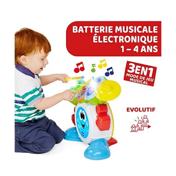 Chicco Batterie Rock Band, Batterie pour Enfants, Instruments de Musique Electronique Évolutifs avec 4 types de Musique et Je