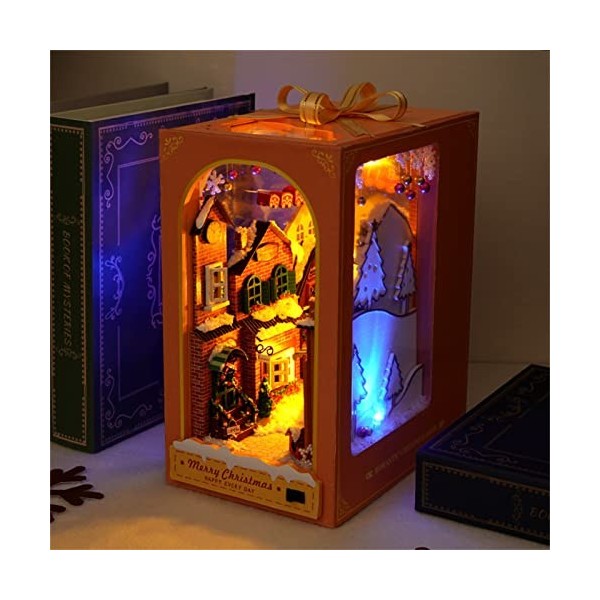 Kit de Coin de Livre Kit de Maison de poupées Miniatures de Noël avec Meubles et lumière LED Puzzle en Bois 3D Art Serre-Livr