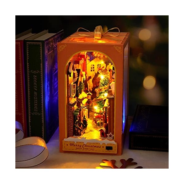 Kit de Coin de Livre Kit de Maison de poupées Miniatures de Noël avec Meubles et lumière LED Puzzle en Bois 3D Art Serre-Livr