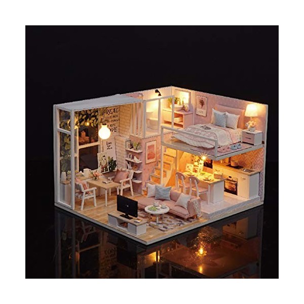 Momola Miniature avec des Meubles de Maison de poupée,kit DIY Dollhouse en Bois Ainsi Que la poussière et Le Mouvement de la 