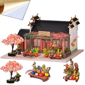 TOPBSFARNY Kit de maison de poupée miniature avec lumières LED à monter soi-même, modèle de maison de poupée, meubles en bois