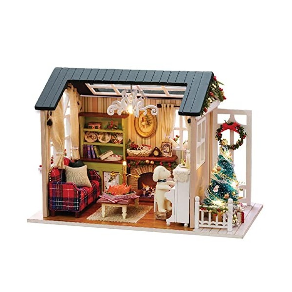 COOKOE Kit de décoration de Noël miniature pour maison de poupée en bois 3D réaliste avec lumières LED