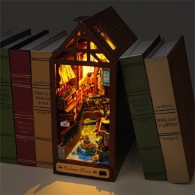 Book Nook Shelf Insert Book Nook kit DIY Room Decor Miniature Dolls House Kit with Furniture and LED Light 3D Puzzle Wooden A