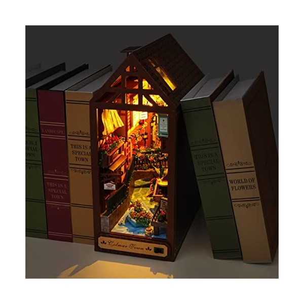 Book Nook Shelf Insert Book Nook kit DIY Room Decor Miniature Dolls House Kit with Furniture and LED Light 3D Puzzle Wooden A