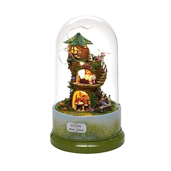 Nikou Miniature Mignonne de Maison de poupée Bricolage avec boîte à Musique de Rotation de forêt de lumière LED avec Couvercl