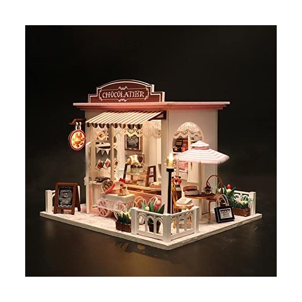 VIONNPPT DIY 1:24 Mini maison de poupée 3D Miniature avec meubles, créatif Chocolat Boutique de poupées en bois Rose Coco-Sho