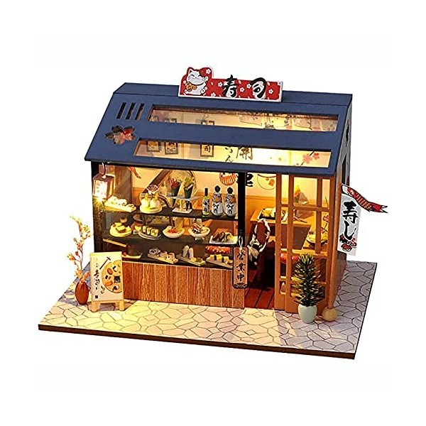 DLGF Maison de Poupée Sushi Shop Series avec Meubles et Lumières LED, Maison de Poupées en Bois à Léchelle 1:24, Cadeau Créa