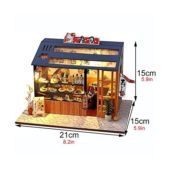 DLGF Maison de Poupée Sushi Shop Series avec Meubles et Lumières LED, Maison de Poupées en Bois à Léchelle 1:24, Cadeau Créa