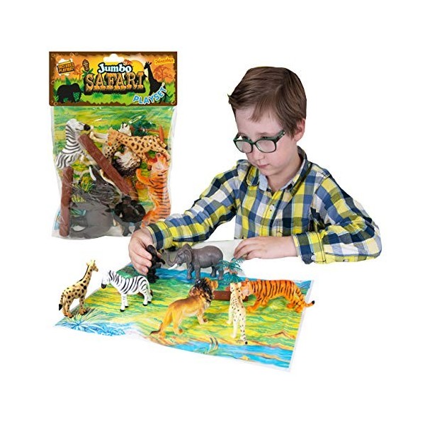 Jumbo Playset - Safari de Deluxebase. Lot de Figurines Grand Format. Sachet de Figurines en Plastique Animaux du Zoo : Tigre,