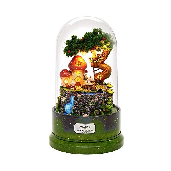 Goshyda Mignonne Maison de poupée Bricolage forêt boîte à Musique rotative Miniature, Cache-poussière, lumière LED, Cadeau cr
