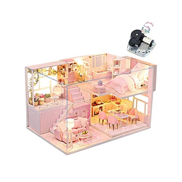 erhumama Maison de loft miniature moderne avec musique et housse de protection contre la poussière, meubles LED 3D, maison de