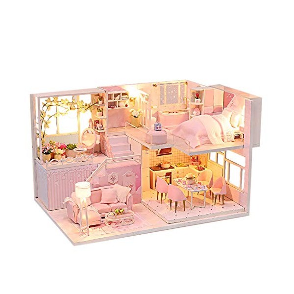 erhumama Maison de loft miniature moderne avec musique et housse de protection contre la poussière, meubles LED 3D, maison de