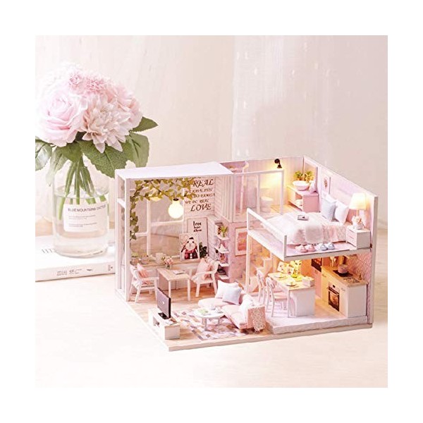 Maison de Poupée Bricolage, Kit de Maison de Poupée Miniature 1:24, Miniature de Maison de Poupée avec Lumière LED, Cadeaux C