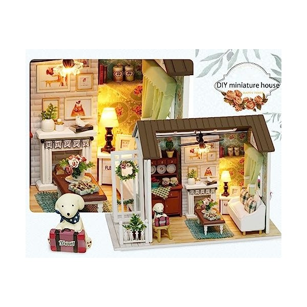 Maison de poupée avec cache-poussière Kit de maison miniature bricolage Maison de poupée miniature avec kit de meubles Kit de