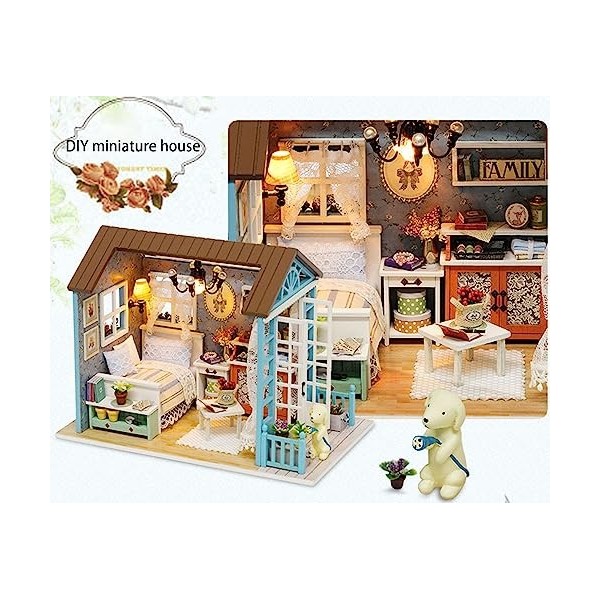 Maison de poupée Tiny House Kit avec meubles et anti-poussière Miniature Kit de maison de bricolage Mini maison Creative Room