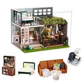 Loft miniature maison de poupée avec housse anti-poussière et boîte à musique, kit de meubles de maison de poupée à faire soi