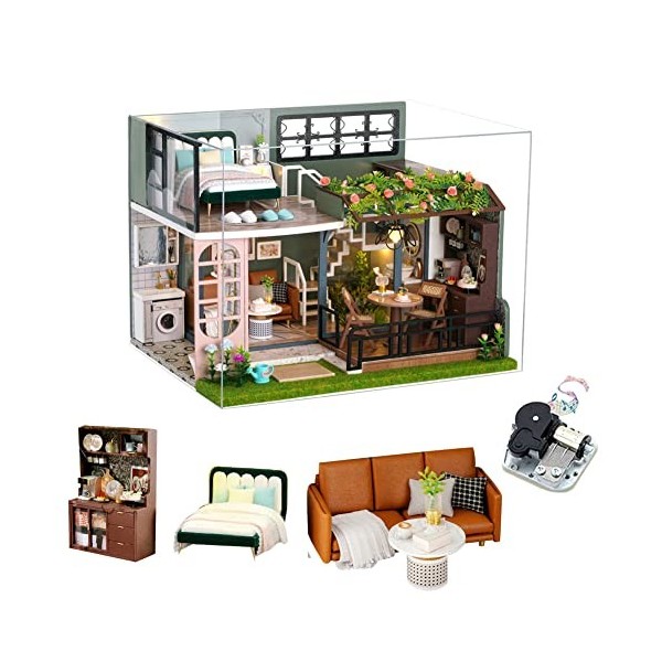 Loft miniature maison de poupée avec housse anti-poussière et boîte à musique, kit de meubles de maison de poupée à faire soi