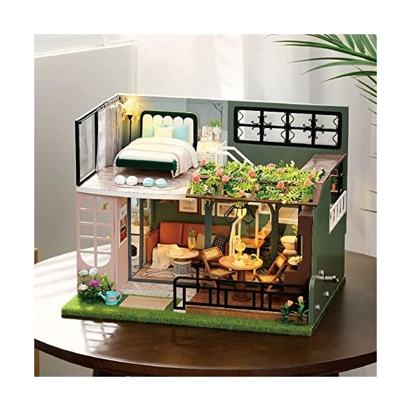 Loft miniature maison de poupée avec housse anti-poussière et boîte à musique, kit de meubles de maison de poupée à faire soi