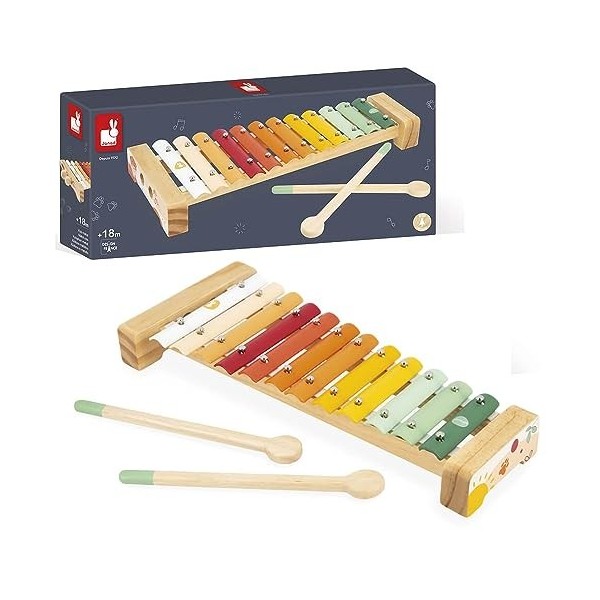 Janod - Xylophone en Métal et Bois Sunshine - Instrument de Musique Enfant - Jouet dImitation et dÉveil Musical - Peinture 