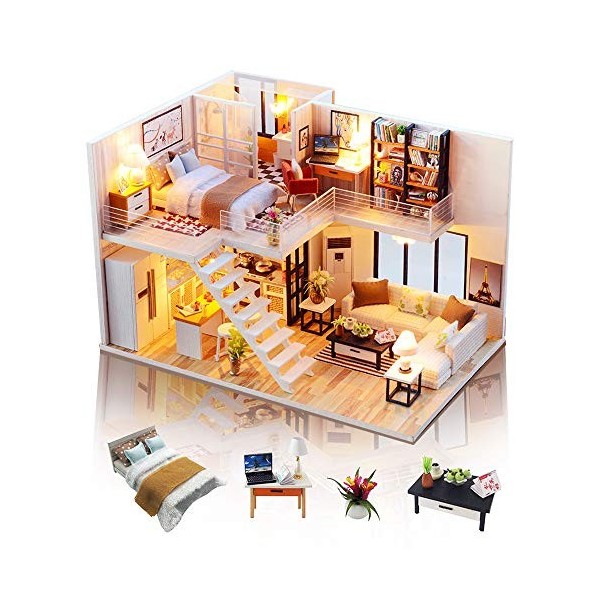 GuDoQi DIY Maison Miniature, 3D Maison Poupee Bois Kit avec Meubles et Musique, Lumière LED, Kit de Modèle Fait À La Main À C