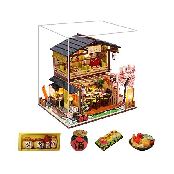 Erhumama bricolage maison de poupée japonaise avec cache-poussière kit de lumière LED miniature Sushi Shop puzzle en bois jou