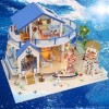 Maison de poupée miniature en bois bleu océan maison de poupée bricolage kit villa construction 3D modèle créatif cadeaux pou